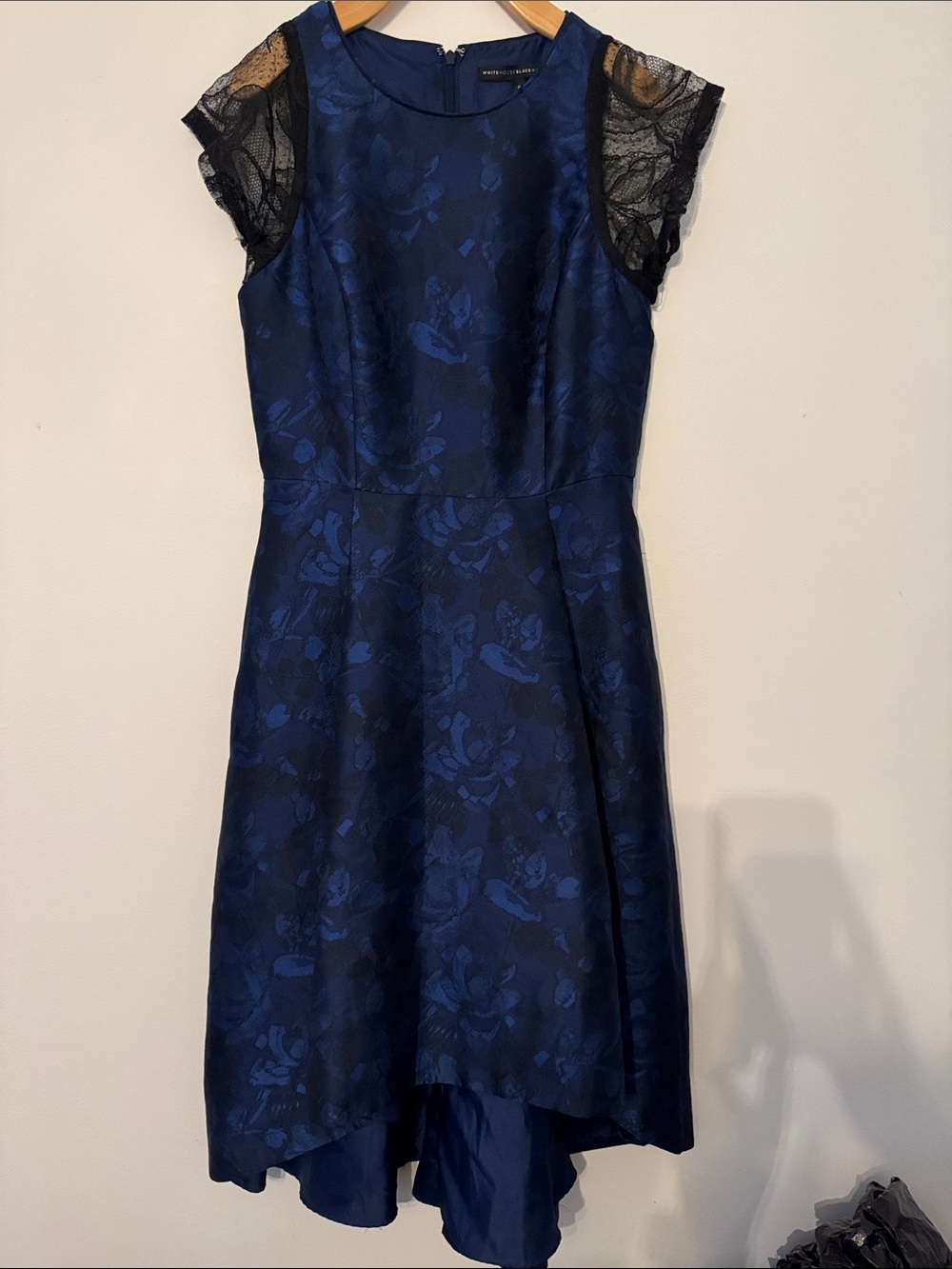 White House Black Market Navy Floral Jacquard High-Low Dress Black Lace Sleeves